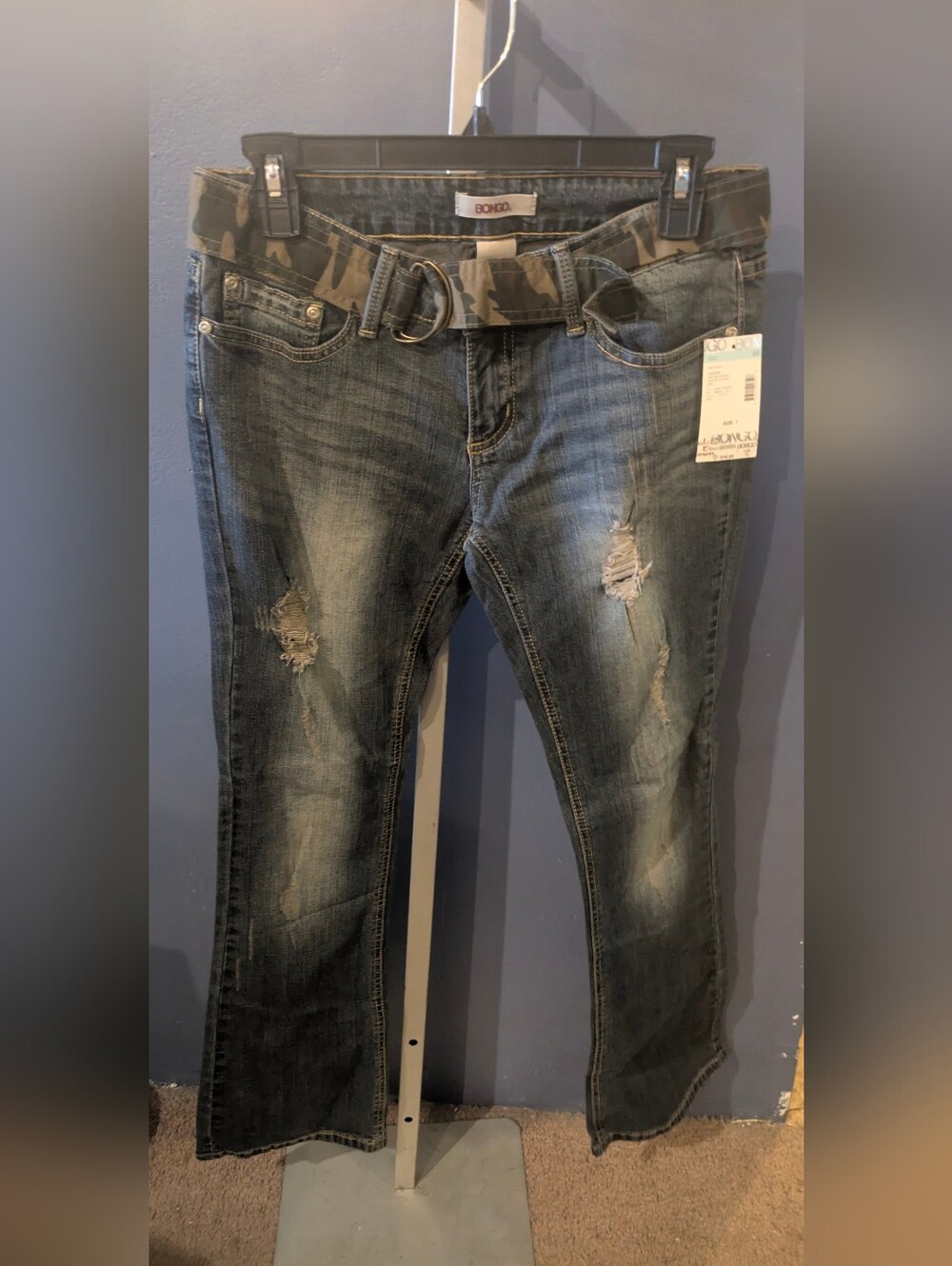 BONGO Junior Size 7 Distressed Boot Cut Blue Jeans with Camo Belt Cotton Denim